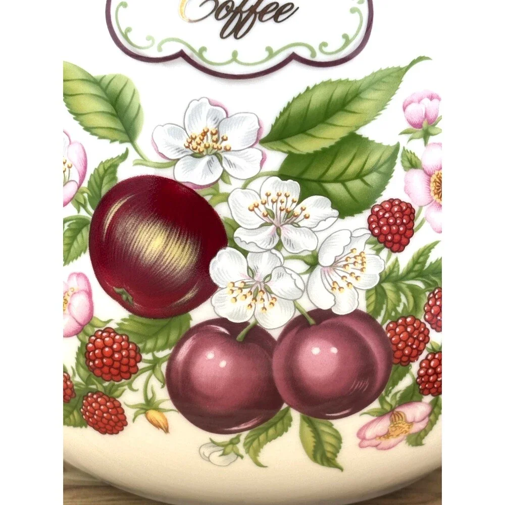 Lenox Ceramic Coffee Canister Orchard Fruit & Floral Design w/Lid Fine Porcelain